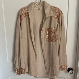 Umgee Tan Ribbed Knit Top with Sequin Details